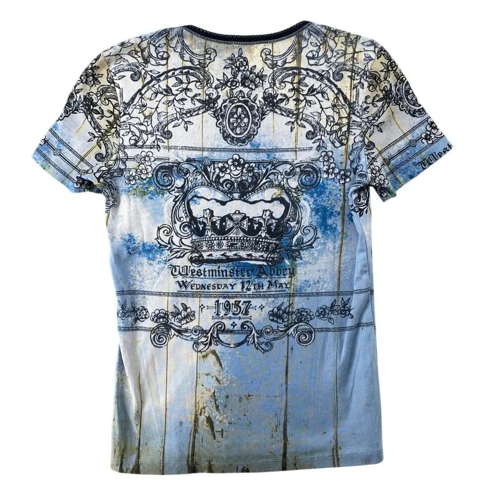 Y2K Regal Crown Graphic Baby Tee Blue Grunge Fairycore Top Women’s Large